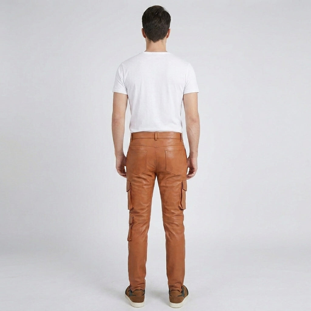 Men's Leather Pant In Tan Brown