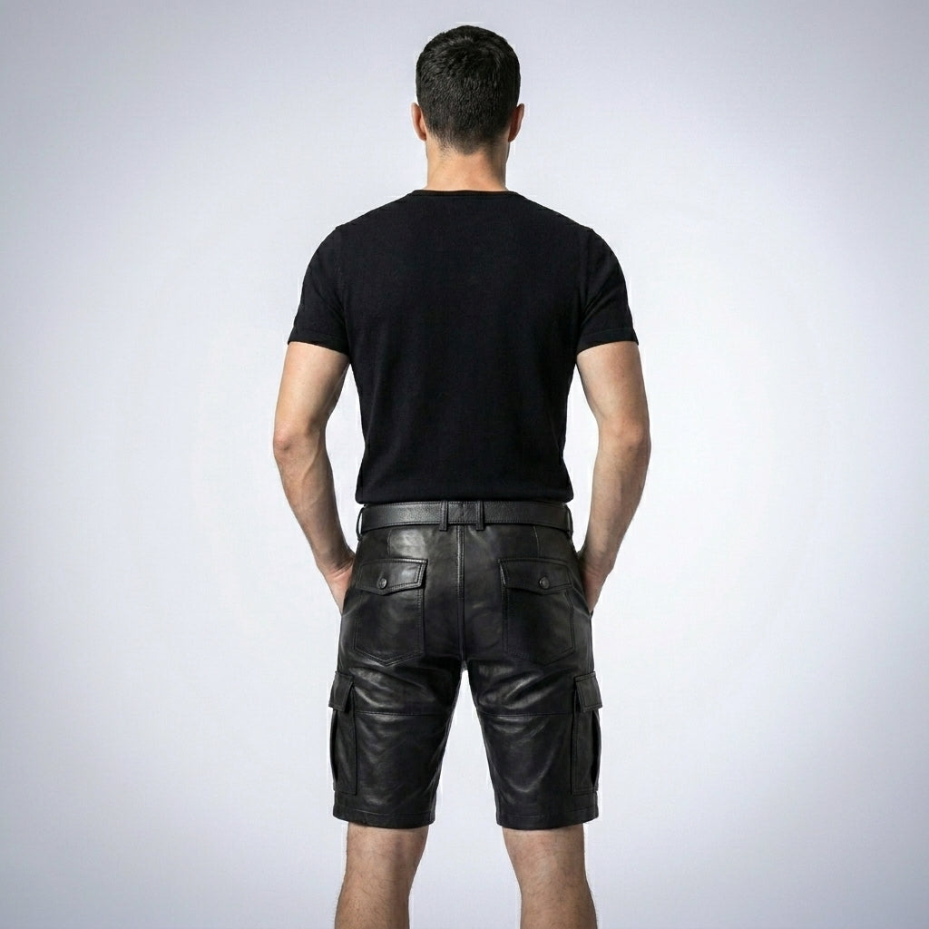 Handmade Black Leather Cargo Shorts