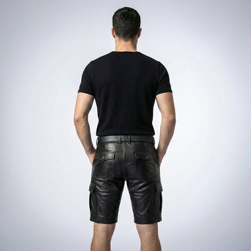 Handmade Black Leather Cargo Shorts