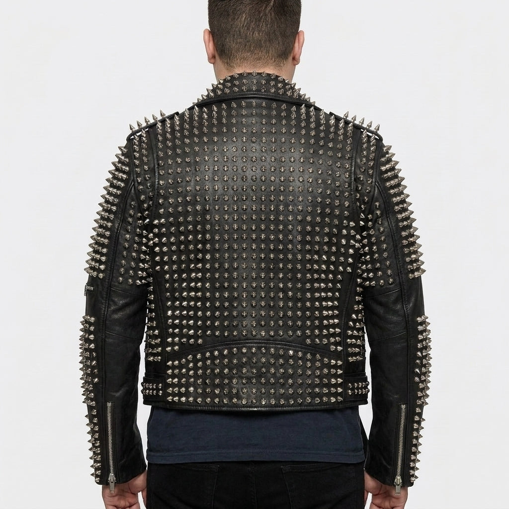 Handmade Punk Men Silver Studded Leather Jacket