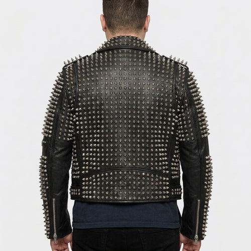 Handmade Punk Men Silver Studded Leather Jacket