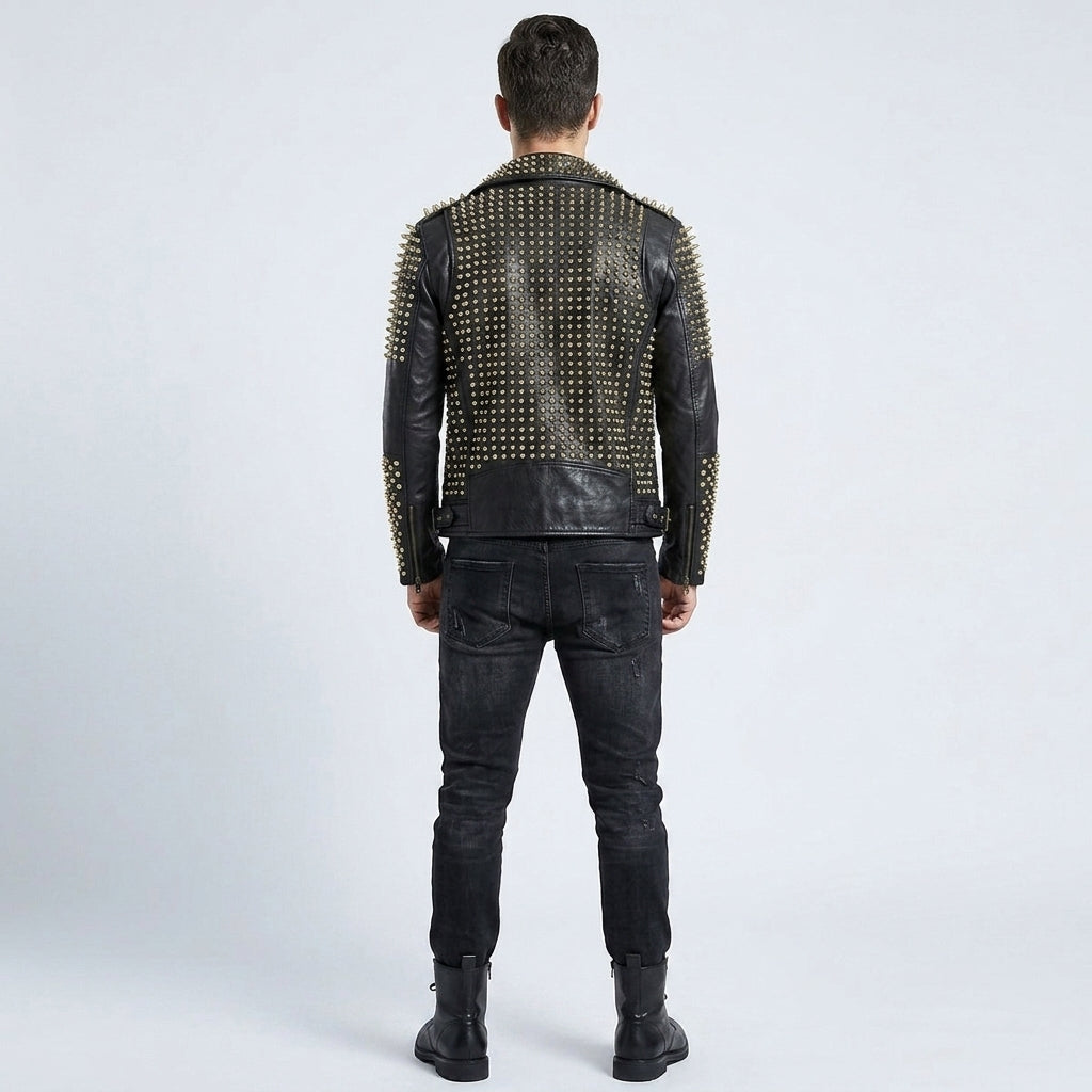 Men's Punk Rock Silver Spikes Studded Black Jacket