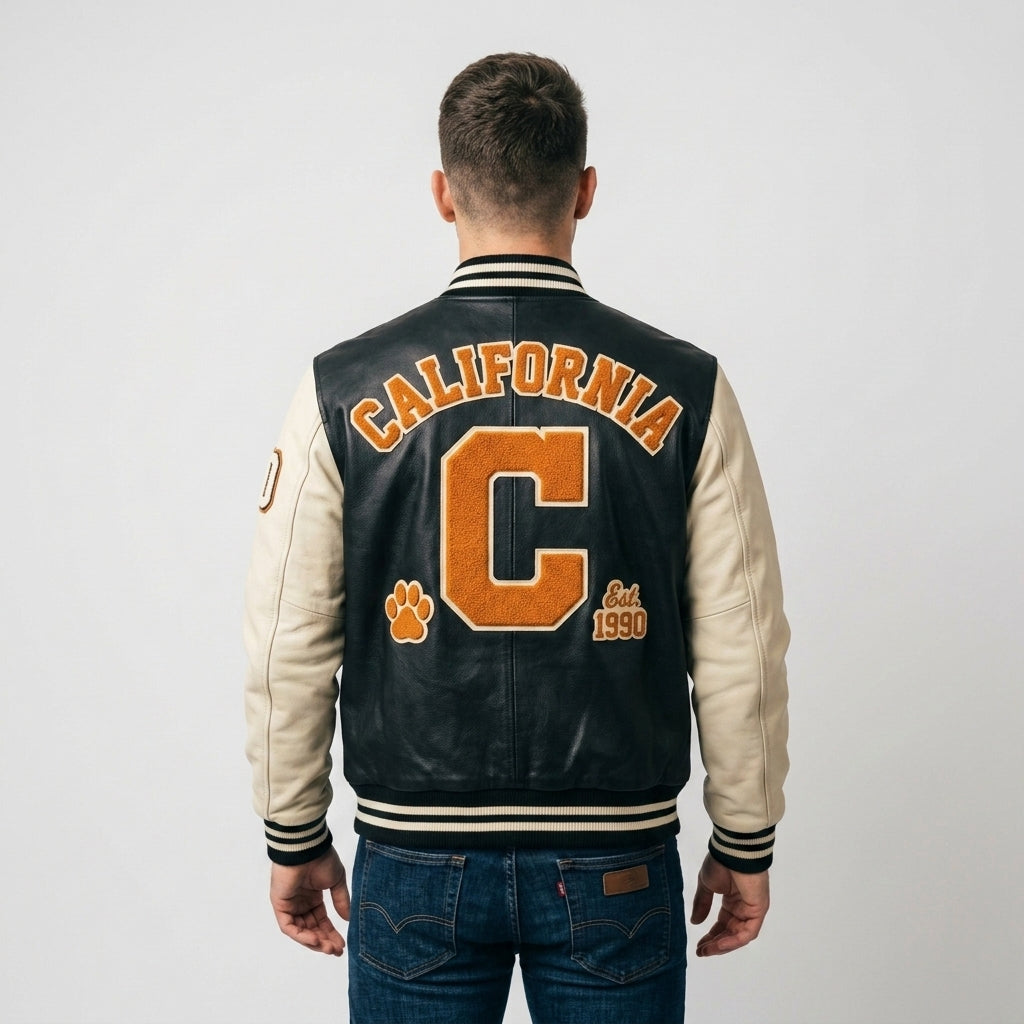 Men's Black Varsity Jacket With Leather Sleeves