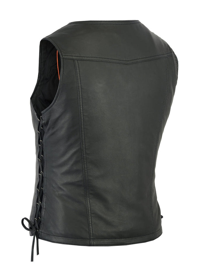 Women's Black Leather Vest Lace Up Sides - Left