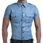 Men  Sleeve Police Style Lambskin Leather Shirt