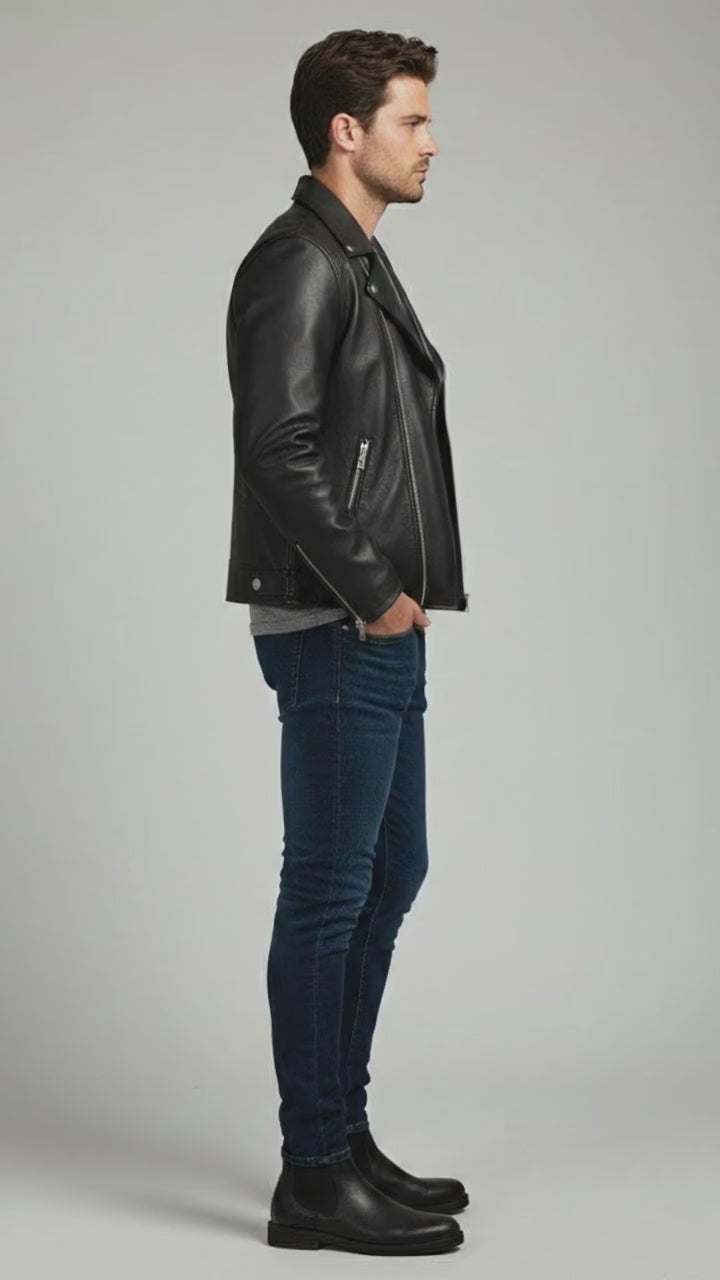 Men Black Faux Leather Motorcycle Jacket - Elvora Leather