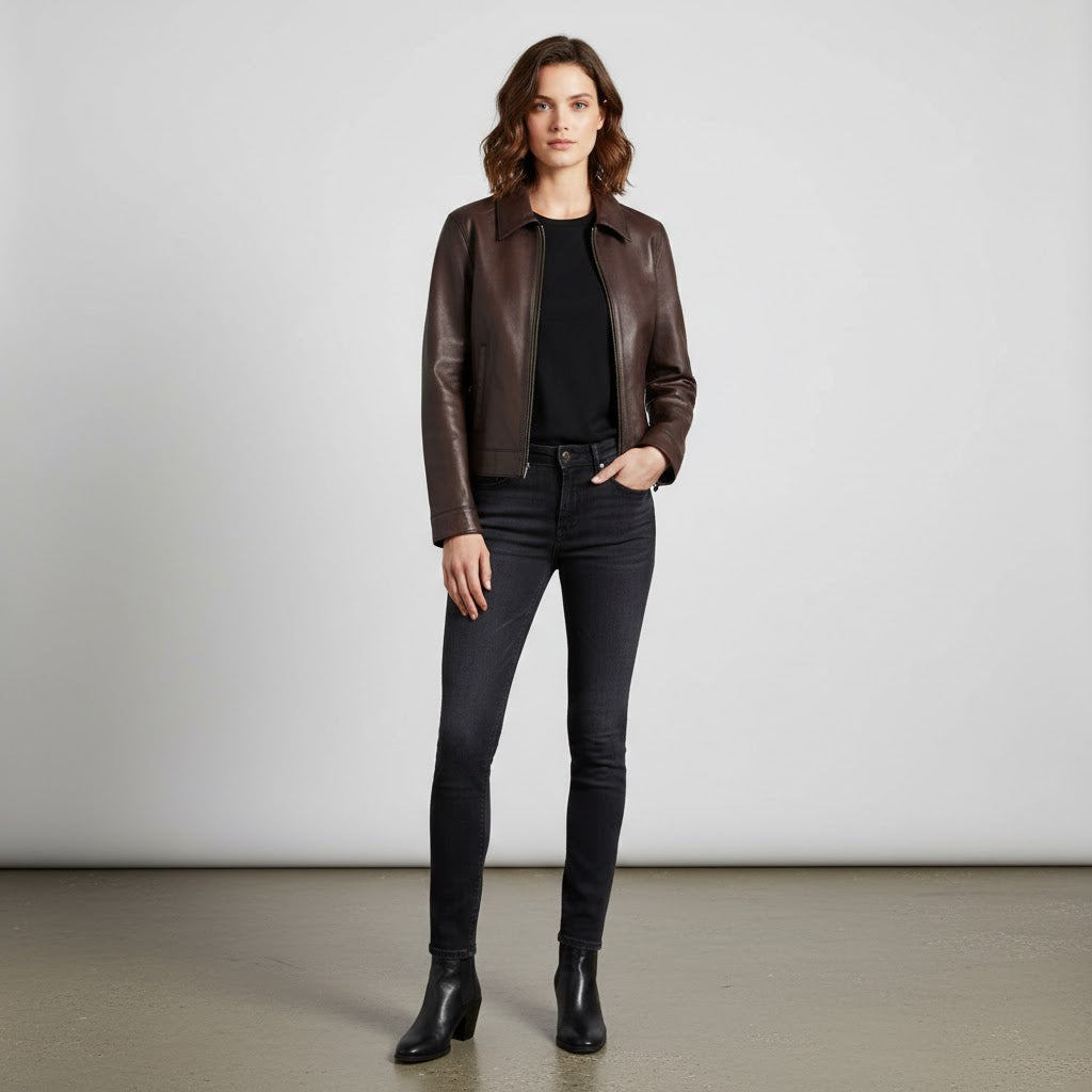 Women's Brown Leather Jacket - Front