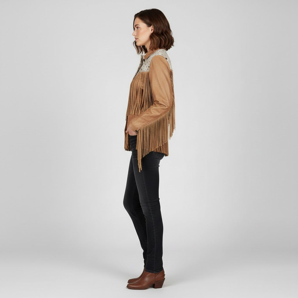 Women's Brown Suede Fringe Western Jacket - Left