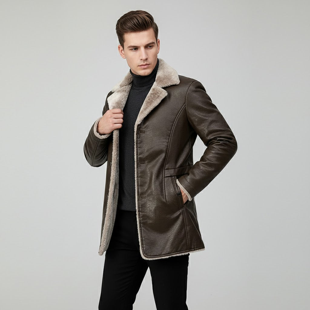 Men's PU Leather Long Jacket - Front