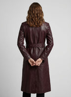 Women's Brown Leather Trench Coat - Left