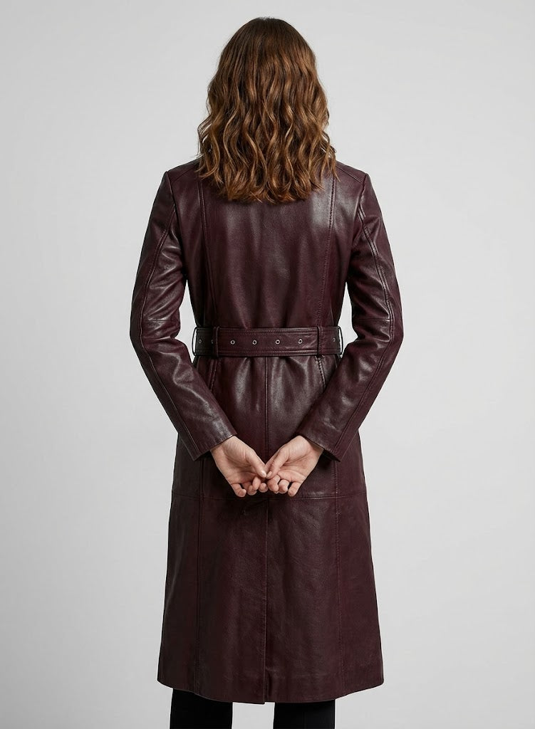 Women's Brown Leather Trench Coat - Left