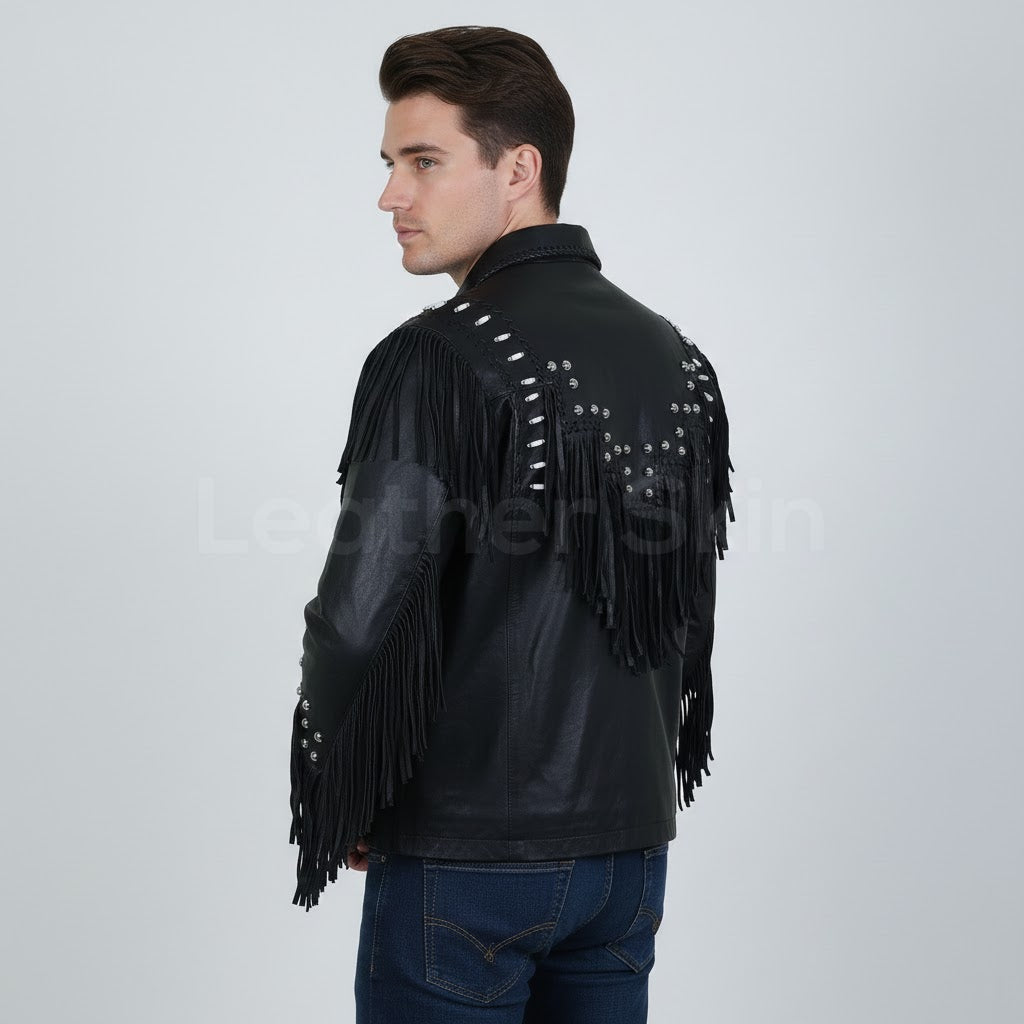 Men's Western Fringe Leather Jacket - Left