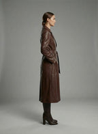 Handmade Brown Leather Trench Coat with Belt - Back