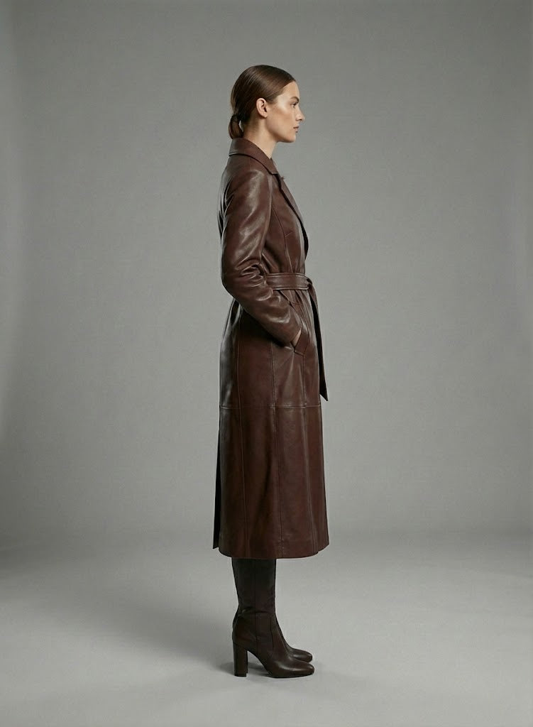 Handmade Brown Leather Trench Coat with Belt - Back