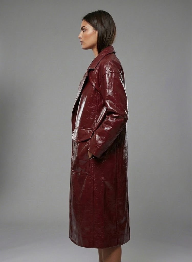 Women's Double-Breasted Leather Trench Coat - Back