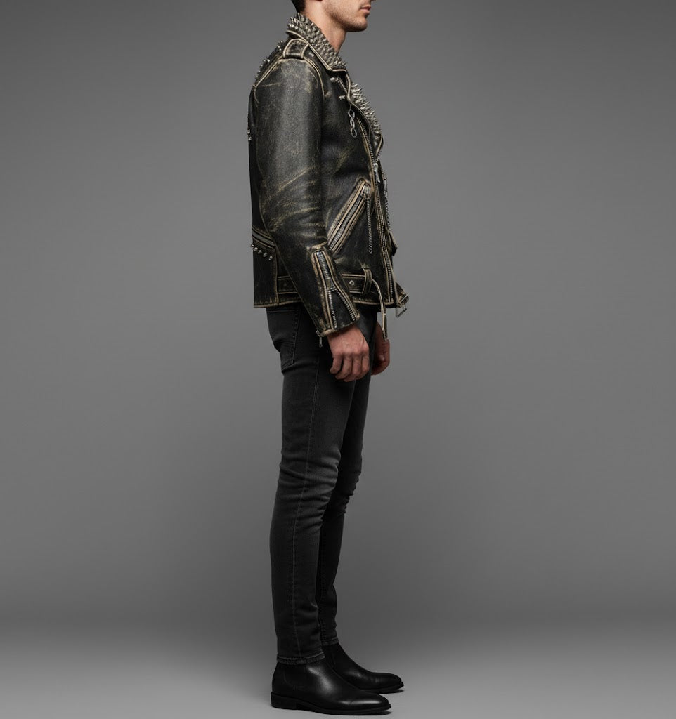 Men's Black Studded Leather Biker Jacket - Back