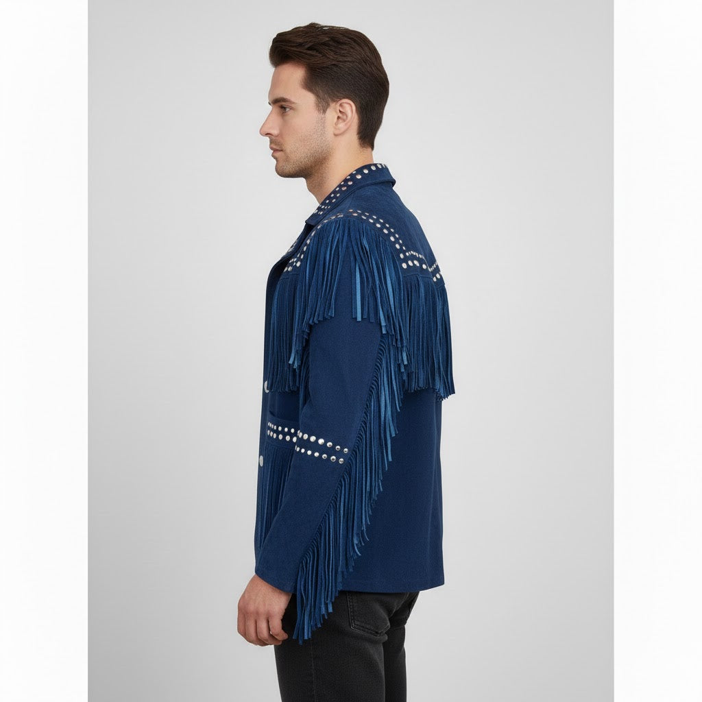 Men's Blue Western Leather Jacket - Back