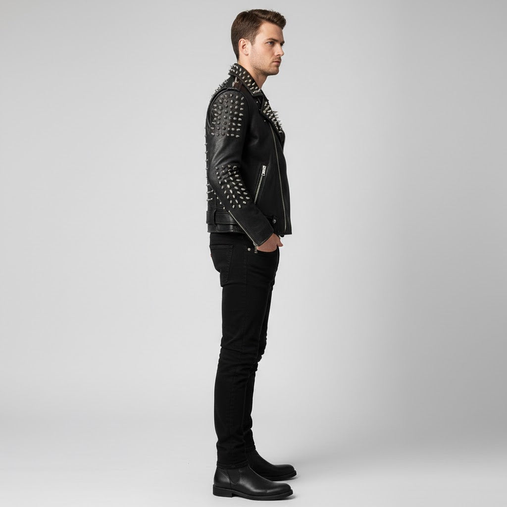 Men's Black Leather Jacket With Spikes - Back