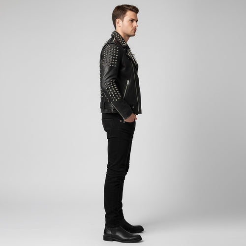 Men's Black Leather Jacket With Spikes - Back