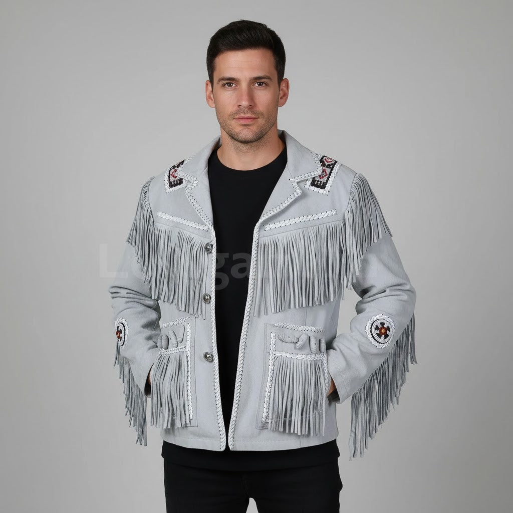 Men's Hand Stitched Suede Leather Cowboy Jacket - Front
