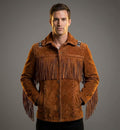 Men's Western Fringe Suede Leather Jacket - Front
