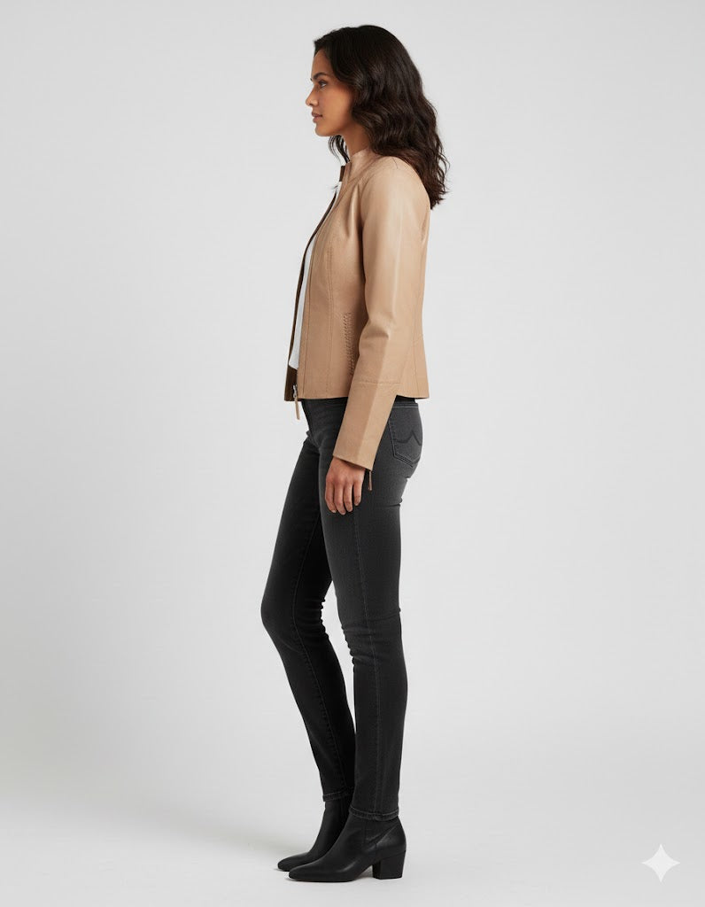 Women's Beige Collarless Leather Jacket - Back