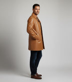 Men's Camel Brown Leather Car Coat Classic Style - Back