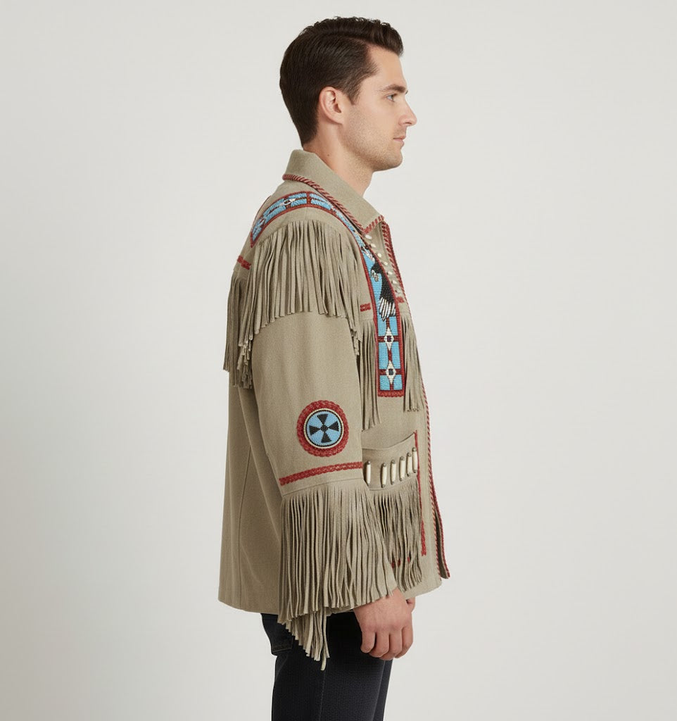 Men's Western Cowboy Suede Fringe Beaded Native Jacket - Back