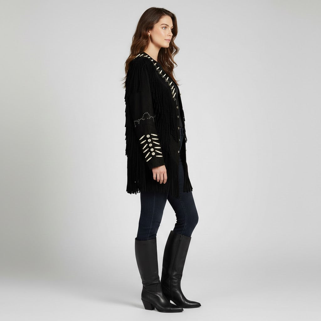 Women's Black Western Biker Leather Jacket - Back