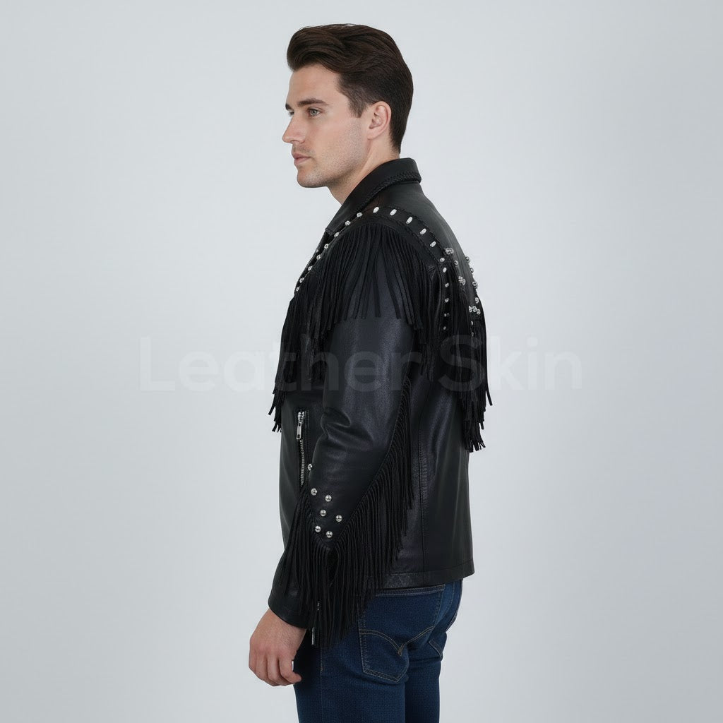 Men's Western Fringe Leather Jacket - Back