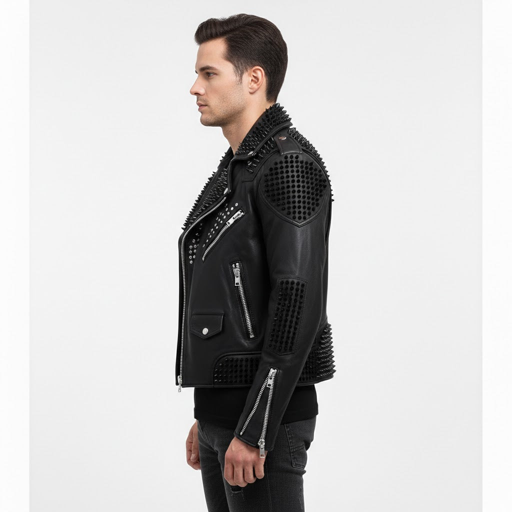 Men's Black Silver Studded Leather Biker Jacket - Back