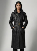Women's Leather Long Coat - Front