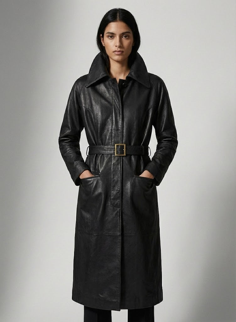Women's Leather Long Coat - Front