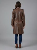 Women's Spanish Brown Leather Long Coat - Left