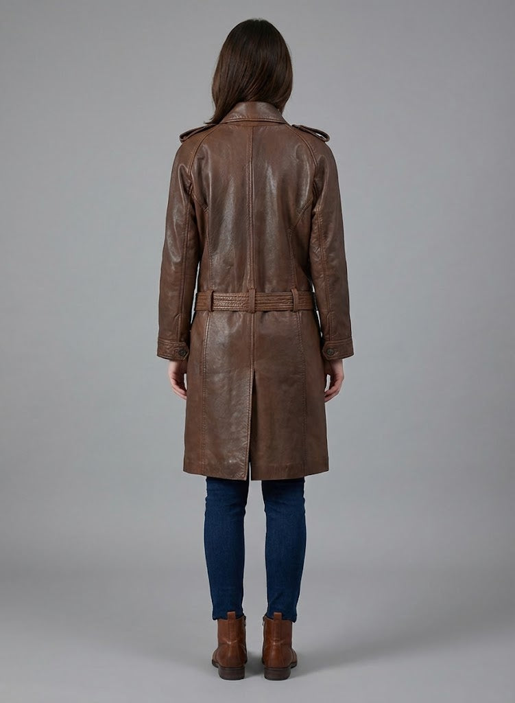 Women's Spanish Brown Leather Long Coat - Left