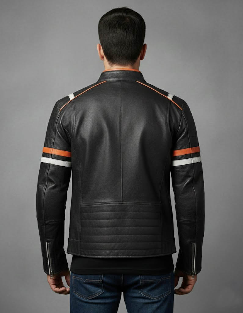 Men's Cafe Racer Motorcycle Leather Jacket - Back