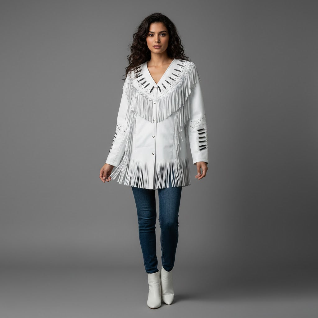 White Suede Fringe Western Jacket - Front