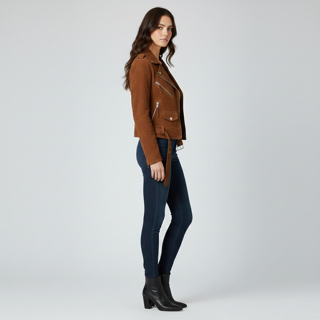 Women's Brown Suede Biker Jacket - Back