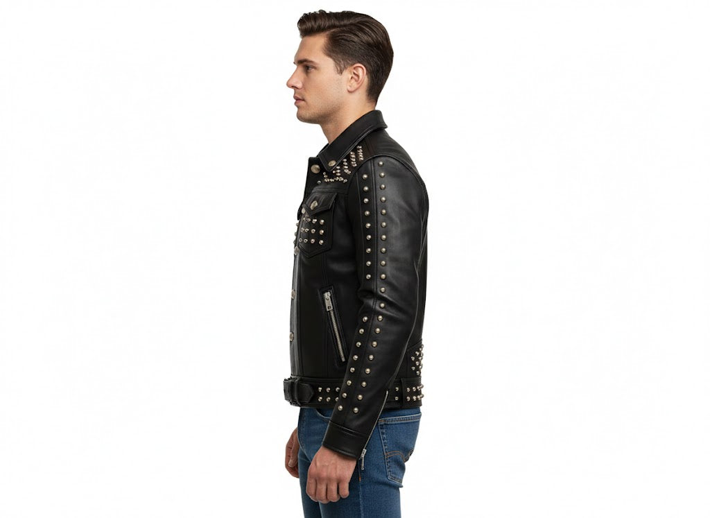 Men's Studded Black Leather Jacket - Back