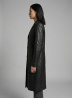 Women's Black Belted Leather Long Coat - Back
