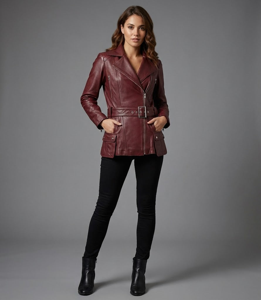 Women's Burgundy Real Leather Biker Jacket Classic Moto - Front