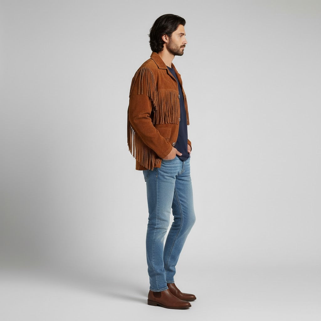 Men's Western Style Fringe Leather Jacket - Back