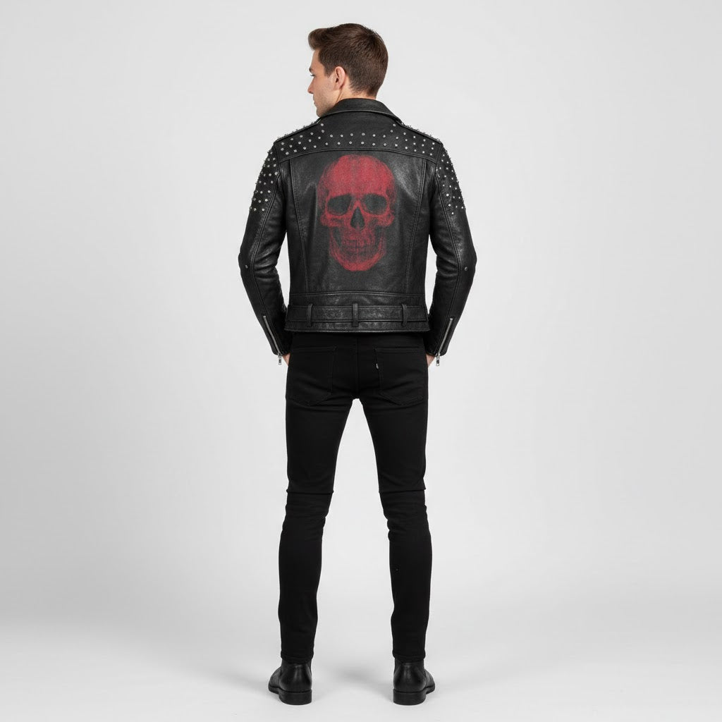 Men's Studded Lambskin Leather Biker Jacket - Back