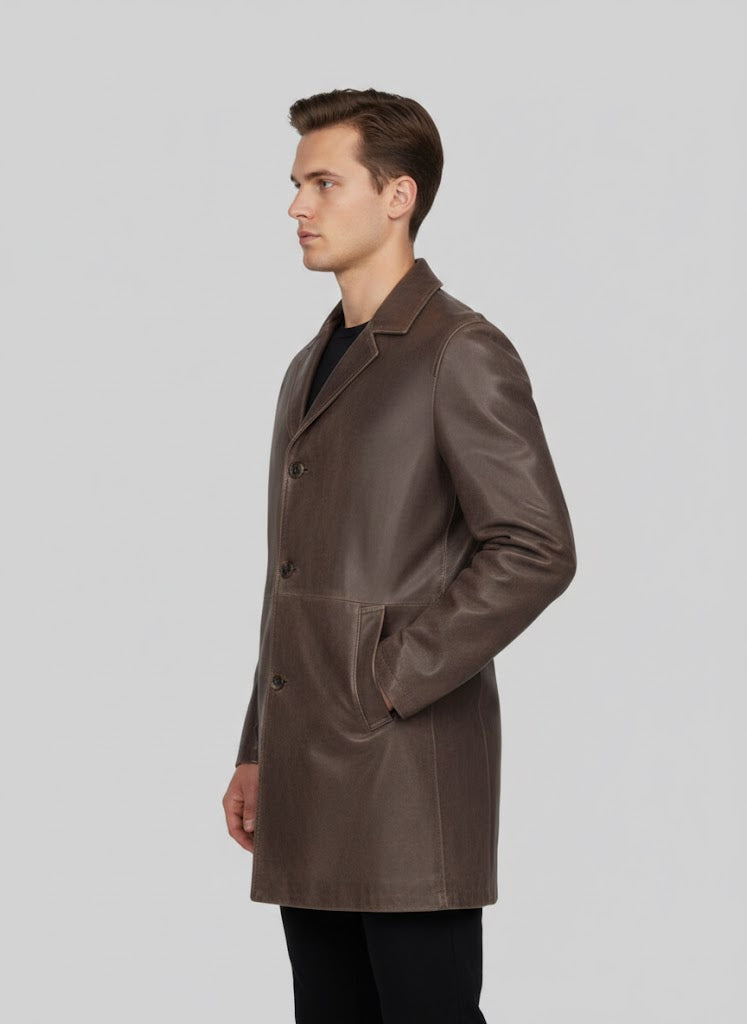 Men's Distressed Dark Brown Leather Coat - Back