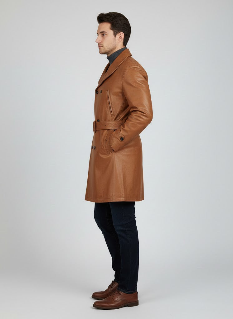 Handmade Tan Brown Leather Trench Coat - Left