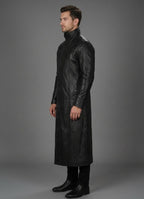 Men's Black Leather Trench Coat - Back