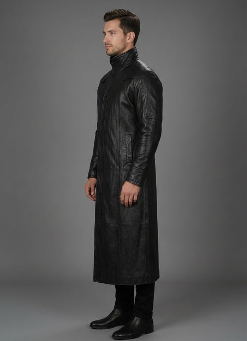 Men's Black Leather Trench Coat - Back