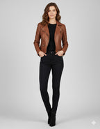 Brown Leather Biker Jacket for Women - Front