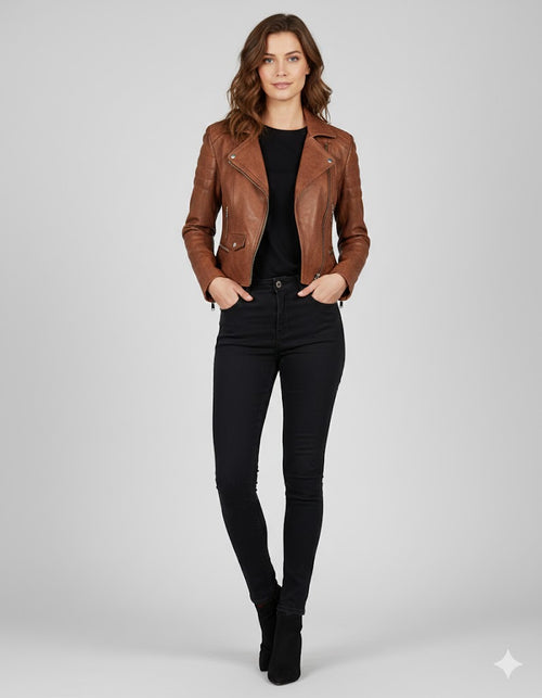 Brown Leather Biker Jacket for Women - Front