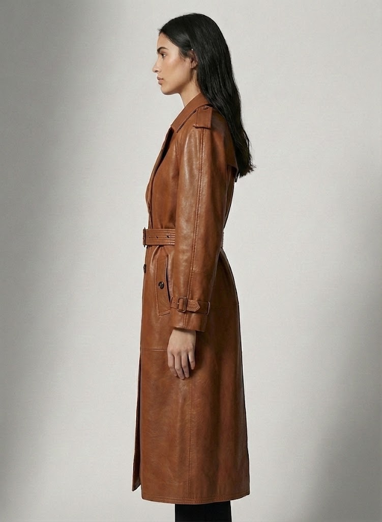 Women's Brown Leather Long Coat - Back